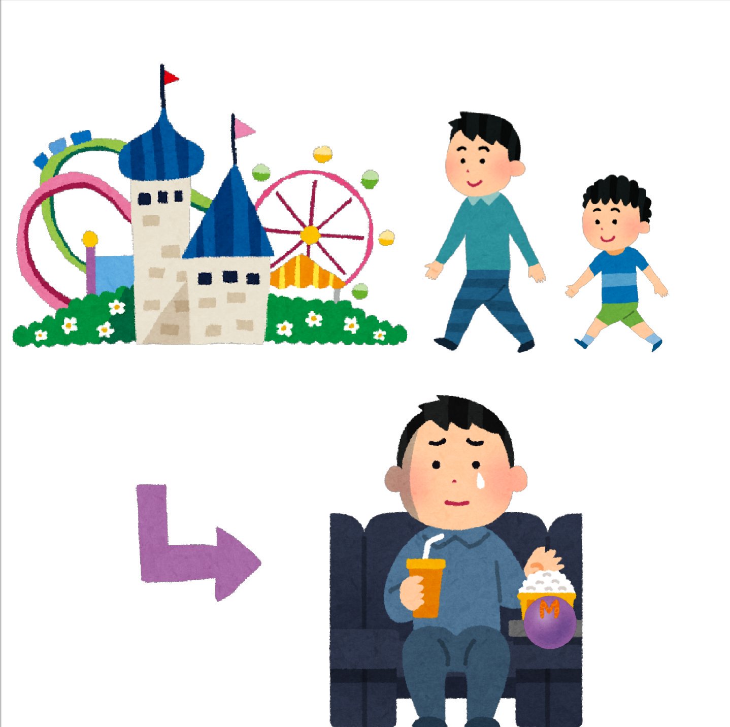 まいチクをいらすとやで再現 Dayukoume 再現難易度 使ったイラスト 7枚 遊園地のイラスト 歩く男性のイラスト 歩く 男の子のイラスト 矢印のイラスト 直角 映画を見る人のイラスト 男性 感動する映画を見ている 玉 ボールのイラスト 紫 英語の