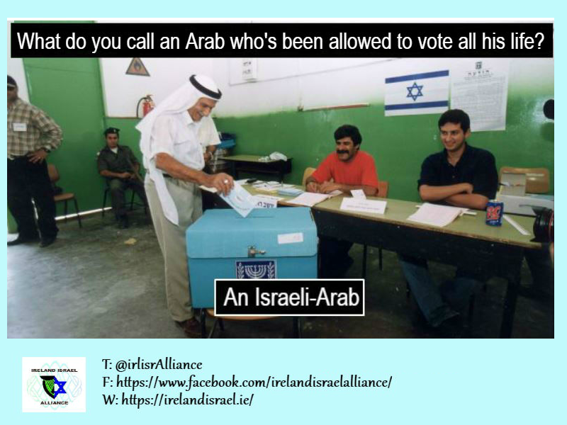 irlisrAlliance's tweet photo. What do you call an Arab who's been allowed to vote all his life? 
- An Israeli-Arab https://t.co/VZwbqB2Puv