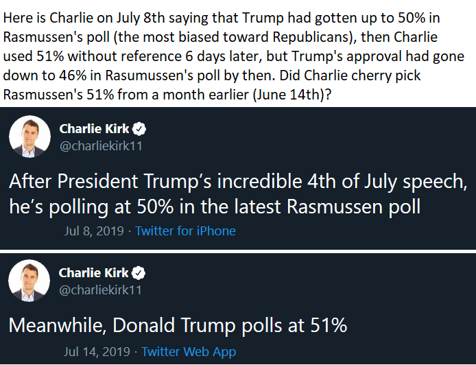 32/ As an example, Charlie tweeted on 8JUL2019 that Trump was at 50% with Rasmussen, then on 14JUL2019 mentioned a poll about AOC and others that was for less educated whites (Charlie didn't mention that) and said Trump was at 51%, even though Trump had fallen with Rasmusssen.