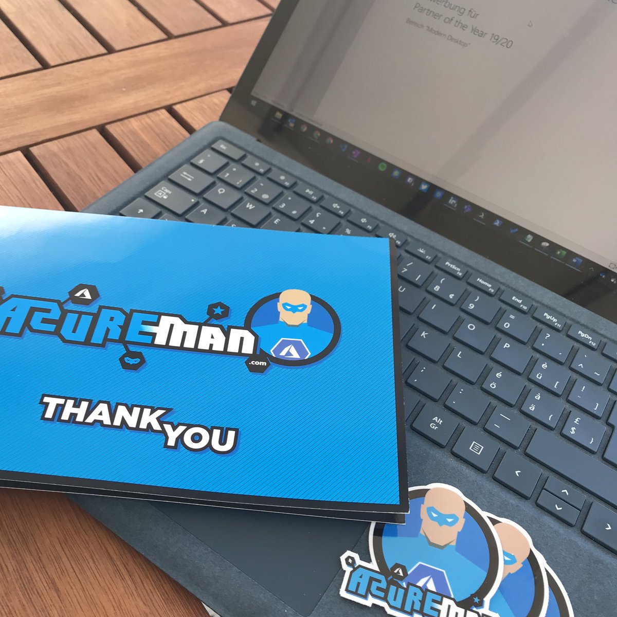 marcelzehner's tweet photo. While preparing the 'Microsoft Partner of the Year' submission I received this nice card plus stickers from the one and only #Azureman. Thanks @BertWolters for words and stickers! https://t.co/L97oSpNCDv