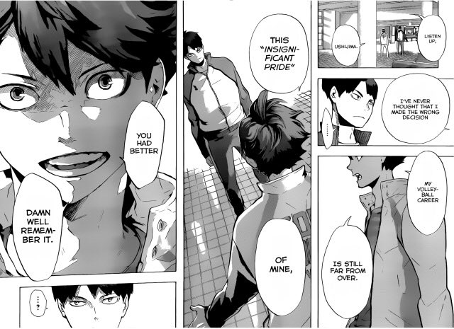 Developing, getting better, WILL include failure. Its essential how we handle it, and how we let it affect us. Why "insignificant pride" is so powerful is because Oikawa can say even after losing, that he will continue to hone his skill, and return stronger. Once again, murder me