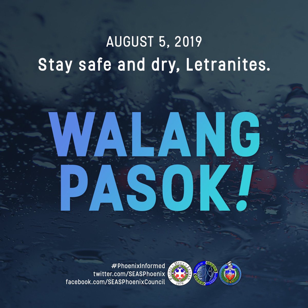 seassc's tweet photo. Cassie, ‘di ka muna papasok sa school. ⛈
Classes on August 5 are sadly suspended due to inclement weather.
Sources: Gov. Ramil Hernandez & I am Letran
#SEASInformed
#SEASCouncil
#LetranCalamba https://t.co/MtjoUxL4mD