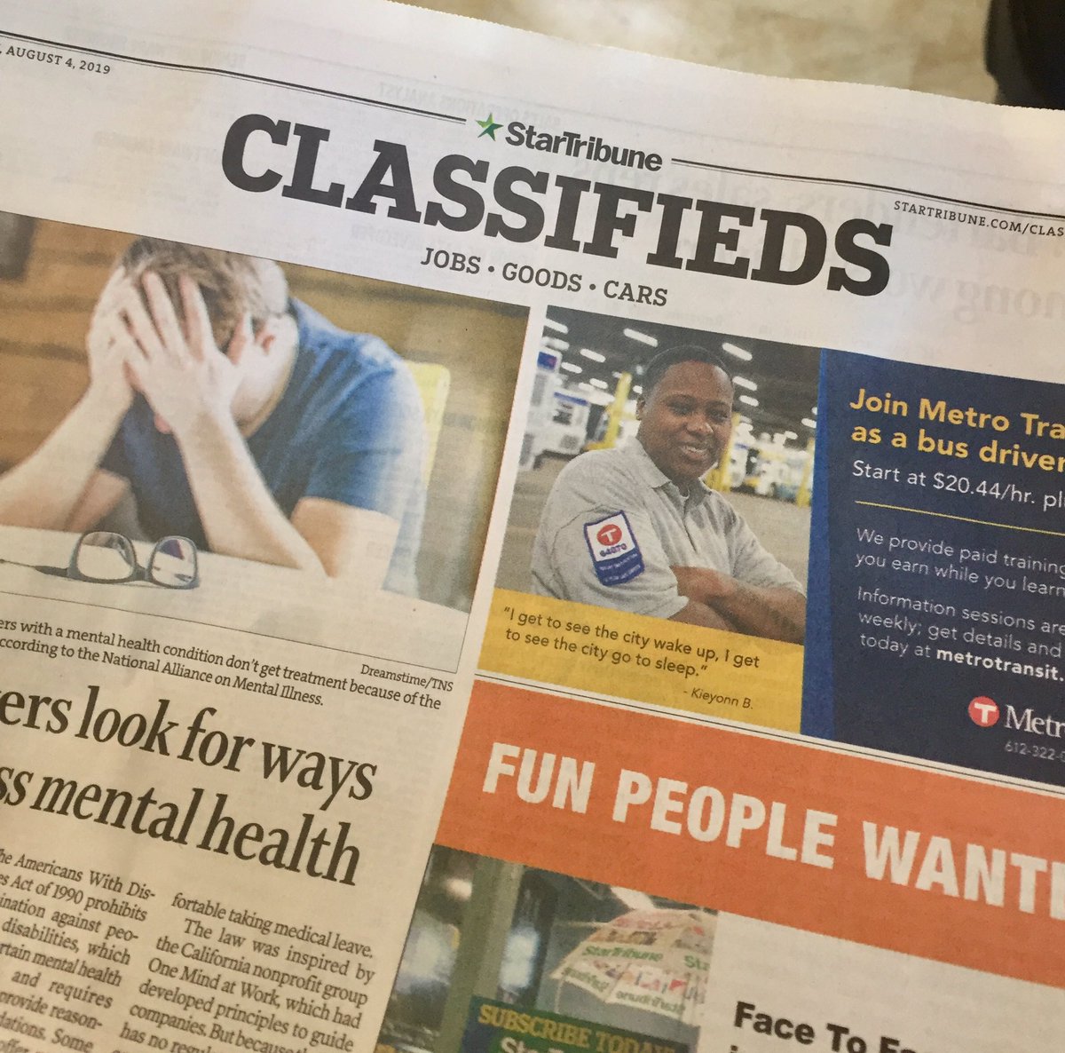 drewbkerr's tweet image. I’ve interviewed dozens of @MetroTransitMN operators who saw an ad in the paper, applied and happily retired 30+ years later. Here’s hoping this Sunday paper is the start of many more such stories.