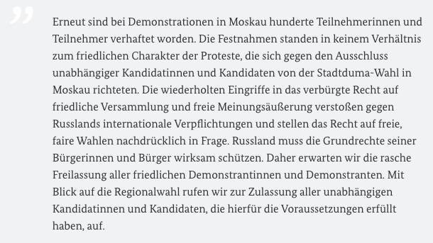 Zu den Festnahmen hunderter Demonstrant*innen in Moskau erklärte eine Sprecherin des Auswärtigen Amts heute: