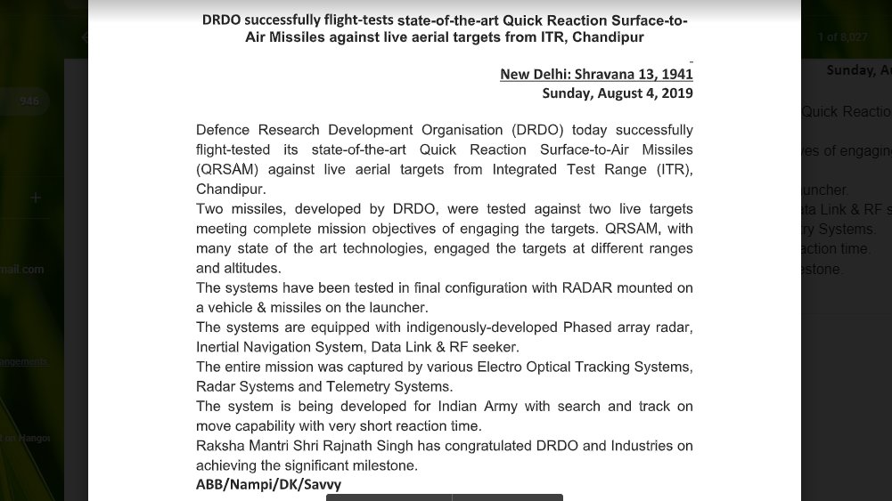 dperi84's tweet image. Indigenously developed Quick Reaction Surface to Air Missiles #QRSAM successfully test fired in final configuration from Integrated Test Range, Chandipur by Defence Research Development Organisation @DRDO_India @SpokespersonMoD 
@the_hindu