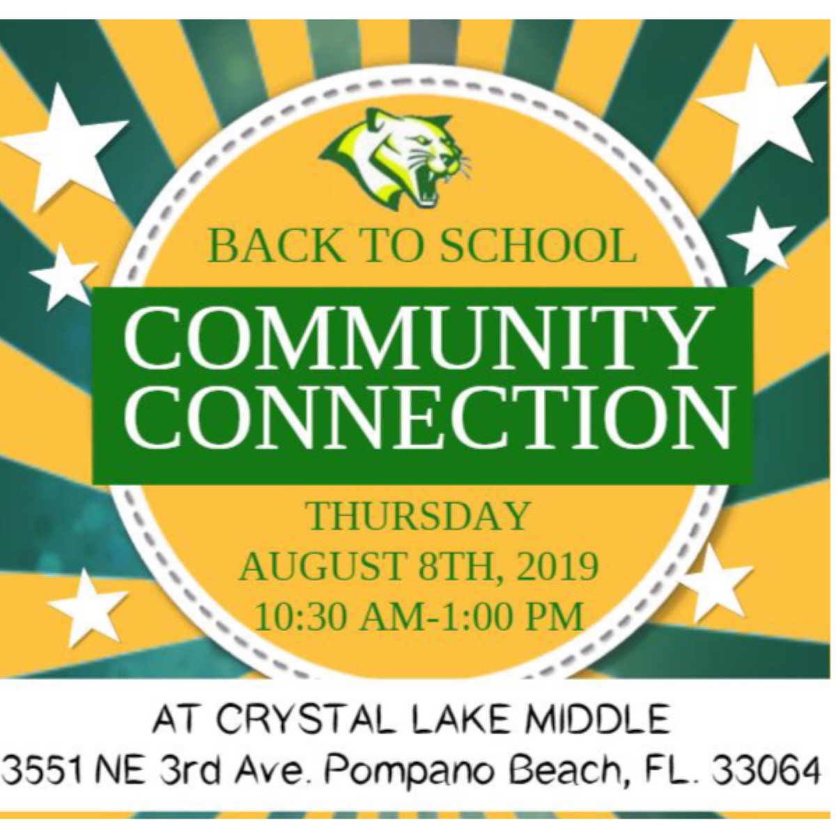 CRYSTAL LAKE MIDDLE (@clms1871) on Twitter photo Cougar Families, our Annual Community Connection event & Schedule Pick up will take place on Thursday August 8th, 2019 from 10:30AM until 1:00PM! Free food and Bookbag giveaways! See you there! #LakeLife <a href="/mypompanobeach/">City of Pompano Beach</a> Cougar Families, our Annual Community Connection event & Schedule Pick up will take place on Thursday August 8th, 2019 from 10:30AM until 1:00PM! Free food and Bookbag giveaways! See you there! #LakeLife <a href="/mypompanobeach/">City of Pompano Beach</a>