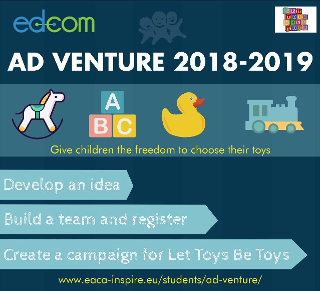 LetToysBeToys's tweet image. We were thrilled to be the client for this year’s @EACA_Inspire @EACA_EU ‘Ad Venture’ competition for marketing students across Europe to create an ad campaign to challenge gender stereotypes eaca-inspire.eu/launch-ad-vent…
#edcomAV