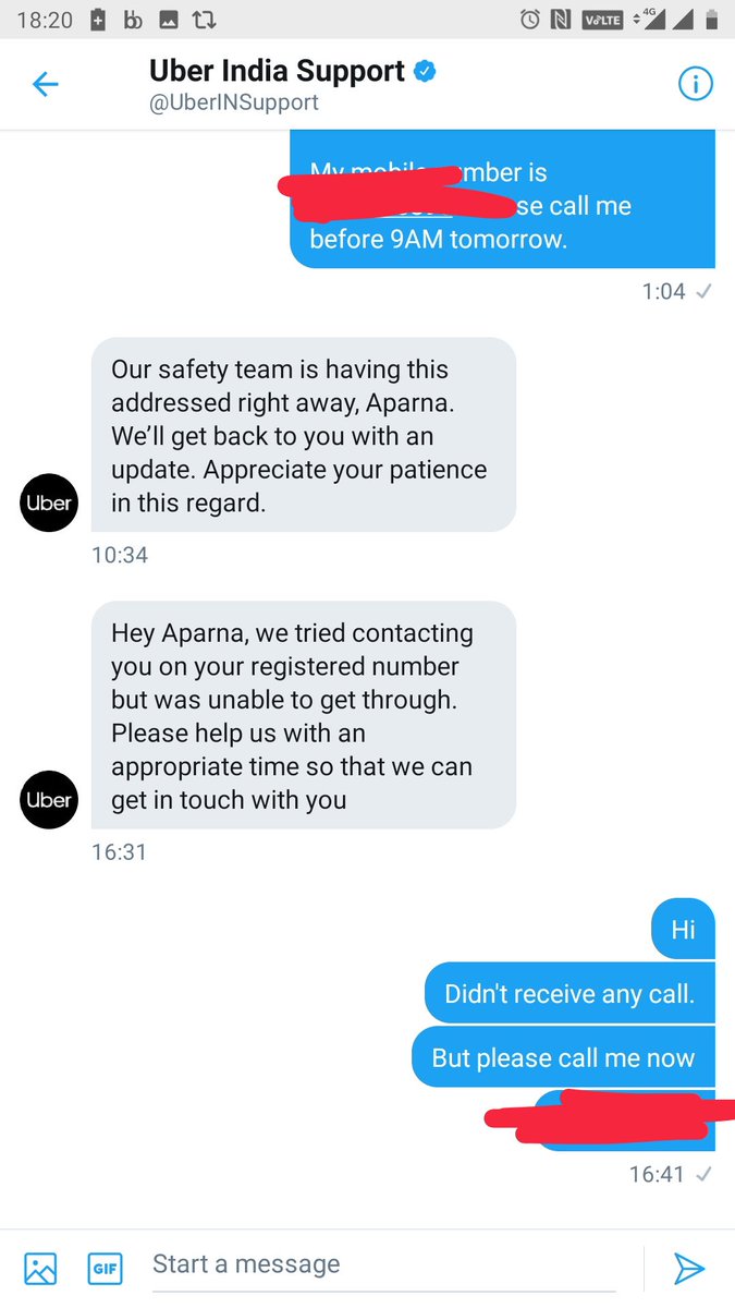 be_aparna's tweet photo. @UberINSupport @Uber the entire day I haven't received a single call despite of following up with you about my traumatic experience. Why do I have to keep following up for something so serious ? #UnsafeUber #NotSoUber #Uber @PrParameswaran @travisk @dkhos https://t.co/jUbTuLsk7b