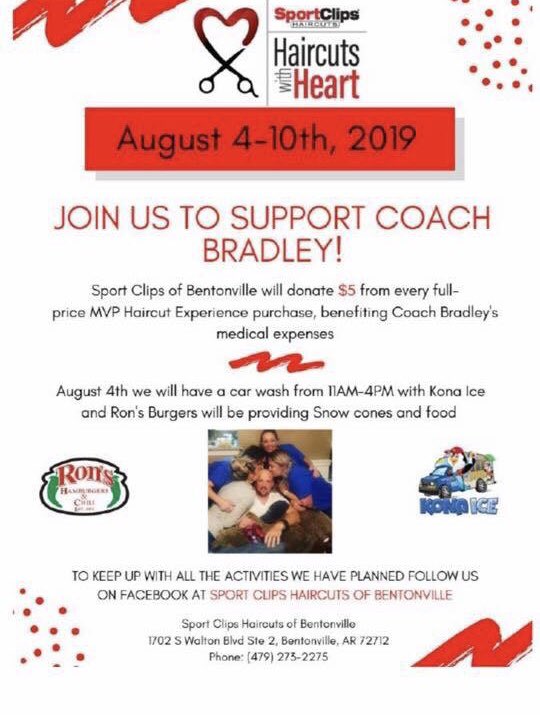 alpewright's tweet photo. Today!! Hope to see you at Bentonville @SportClips off of Walton next to Ron’s Hamburgers between noon and 4pm. 2nd annual Kickoff helping raise funds for Coach Bradley’s fight against the Cancer that has returned. #cancersucks #bentonville https://t.co/WkzkQX5Xsx