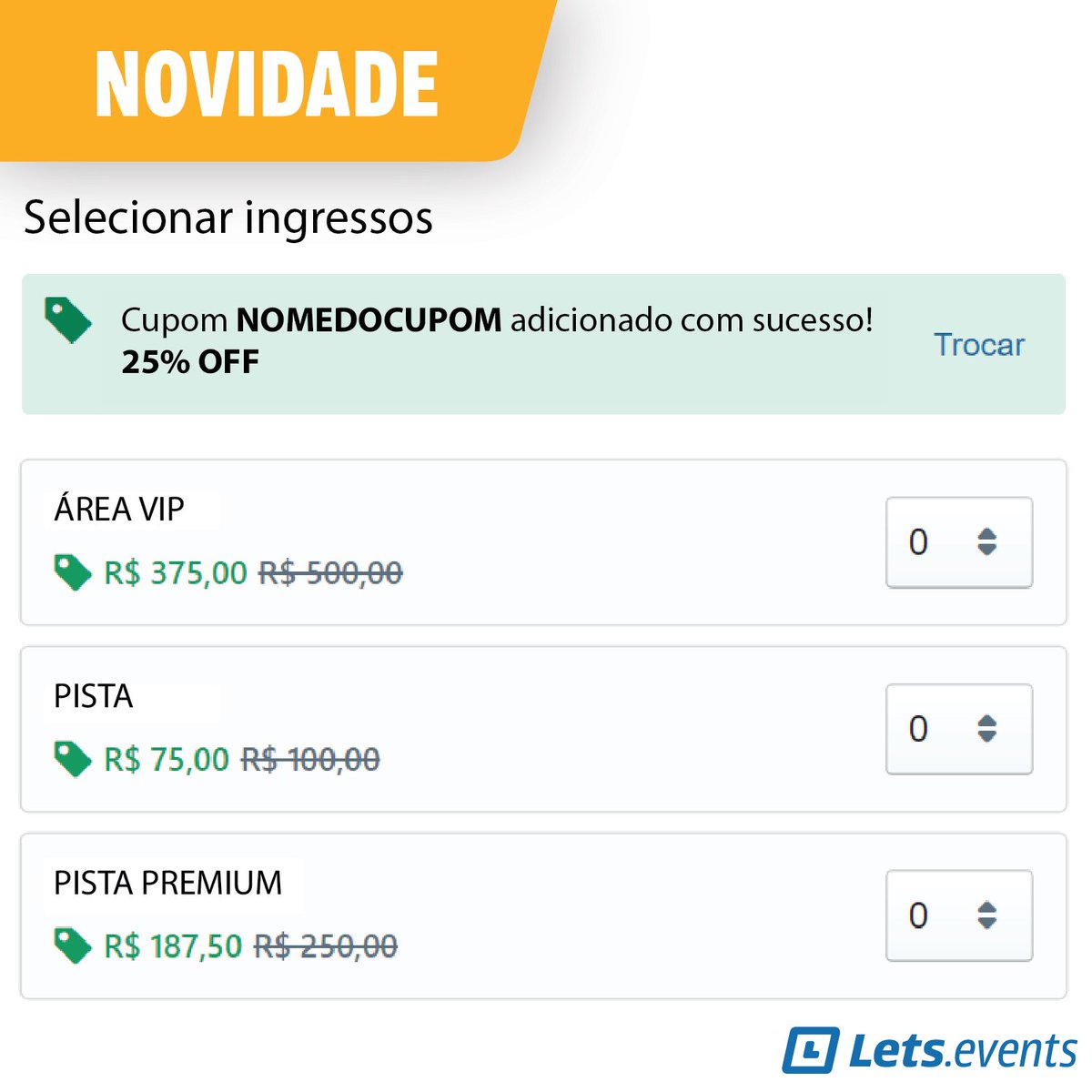 letsevents0's tweet image. Recebeu um código de desconto para um evento? Então se liga na novidade!😍
Quando for escolher o seu ingresso, você pode digitar o seu cupom e conferir ali mesmo qual será o desconto aplicado e para qual ingresso ele está disponível.💙 E aí, Lets.Go?
#LetsEvents #novidadeNoLets