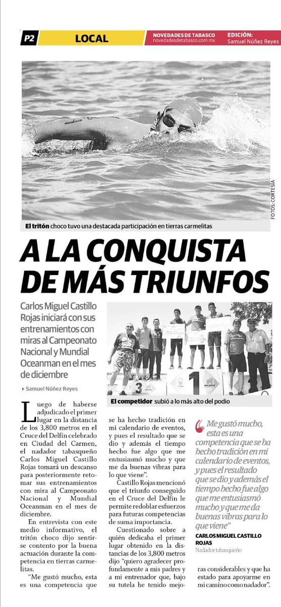 ProfeCastillo_'s tweet photo. Agradezco a Samuel Nuñez del periódico Novedades de Tabasco por su publicación sobre la actuación de Carlos Castillo en la Ruta del Delfín y de sus próximas competencias. https://t.co/ZVGHe9DVp0