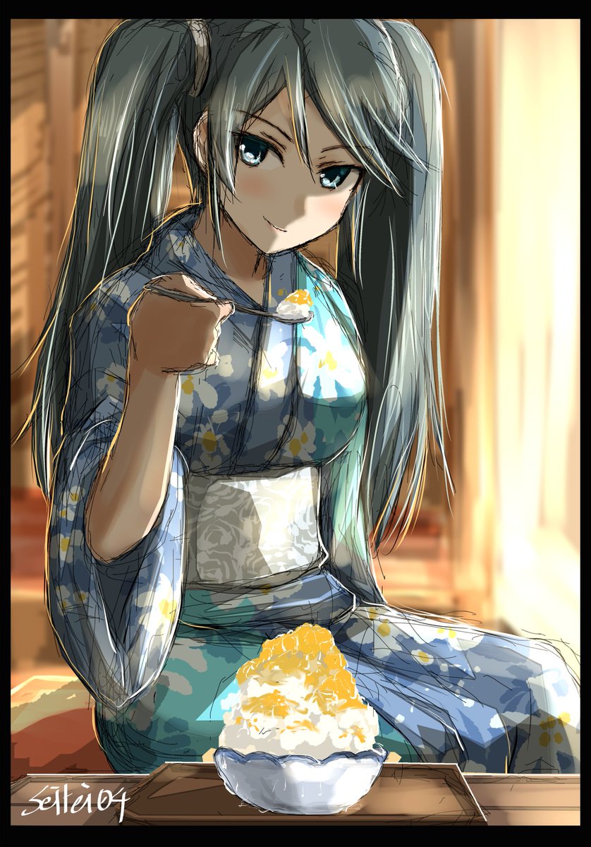 isuzu (kancolle) 1girl japanese clothes solo twintails shaved ice kimono food  illustration images