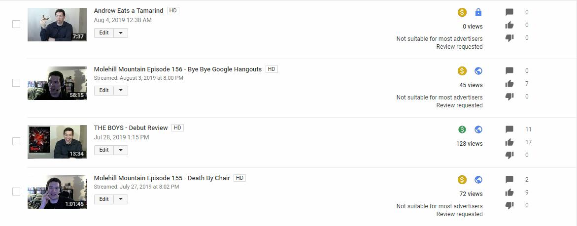 Pic of three of my latest videos being flagged by YouTube for literally no reason.
