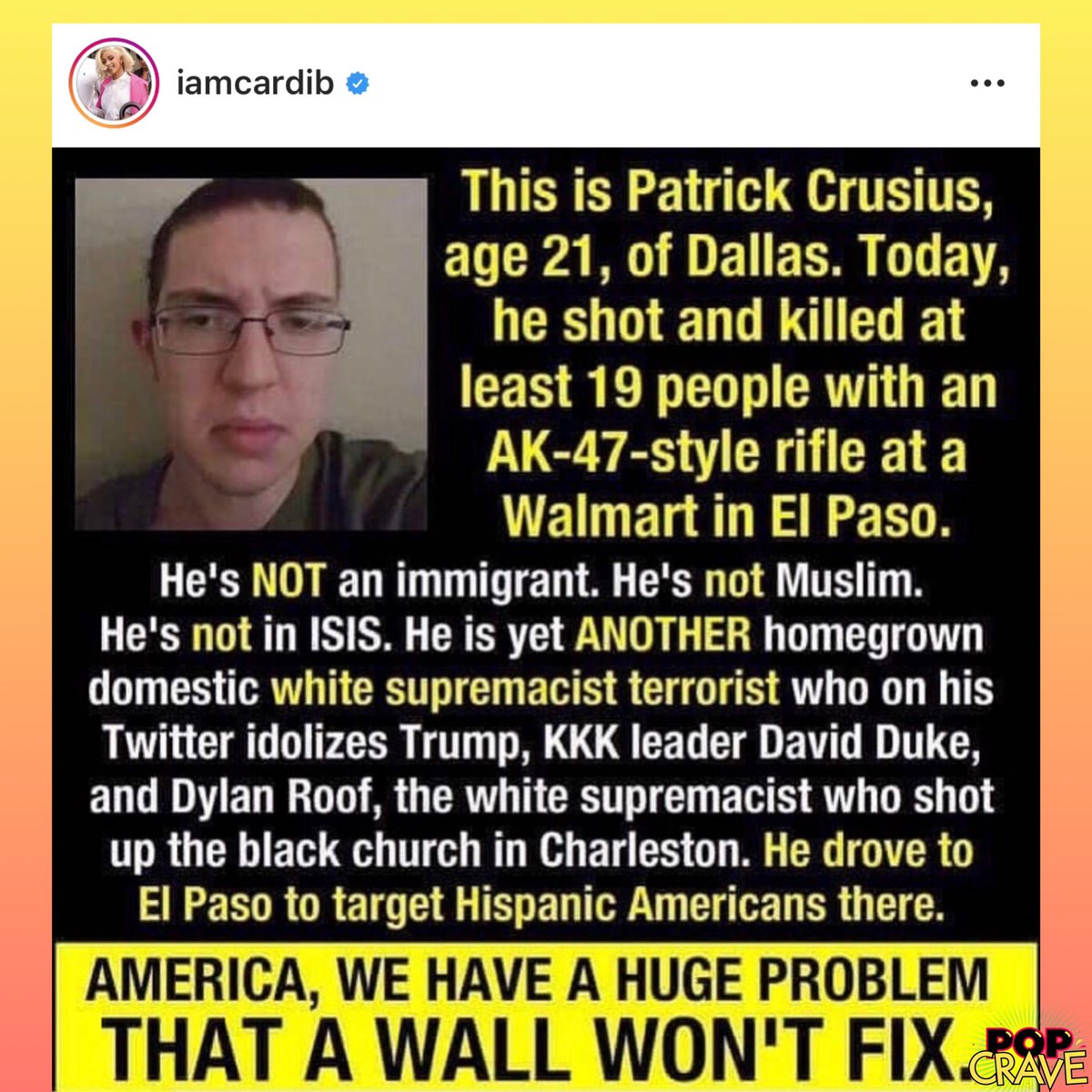 PopCrave's tweet photo. .@iamcardib calls out Trump following mass shootings in El Paso, Texas, and Dayton, Ohio, that happened 13 hours apart:

“but what are YOU going to do to control some of your RACIST SUPPORTERS?” https://t.co/OVtWcBc0UT
