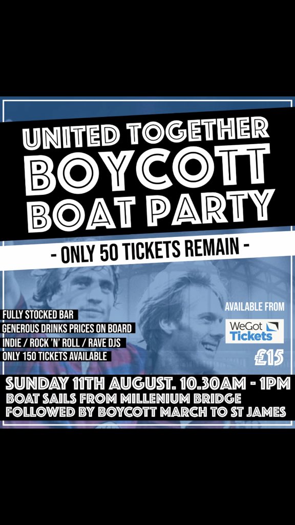 Not many tickets left for the boycott boat party. What better way to kick off the start of the season! The boat will dock in time for all aboard to join our boycott walk.

You can buy tickets here:
wegottickets.com/event/477982

#BoycottArsenal #AshleyOut #supportourtoon