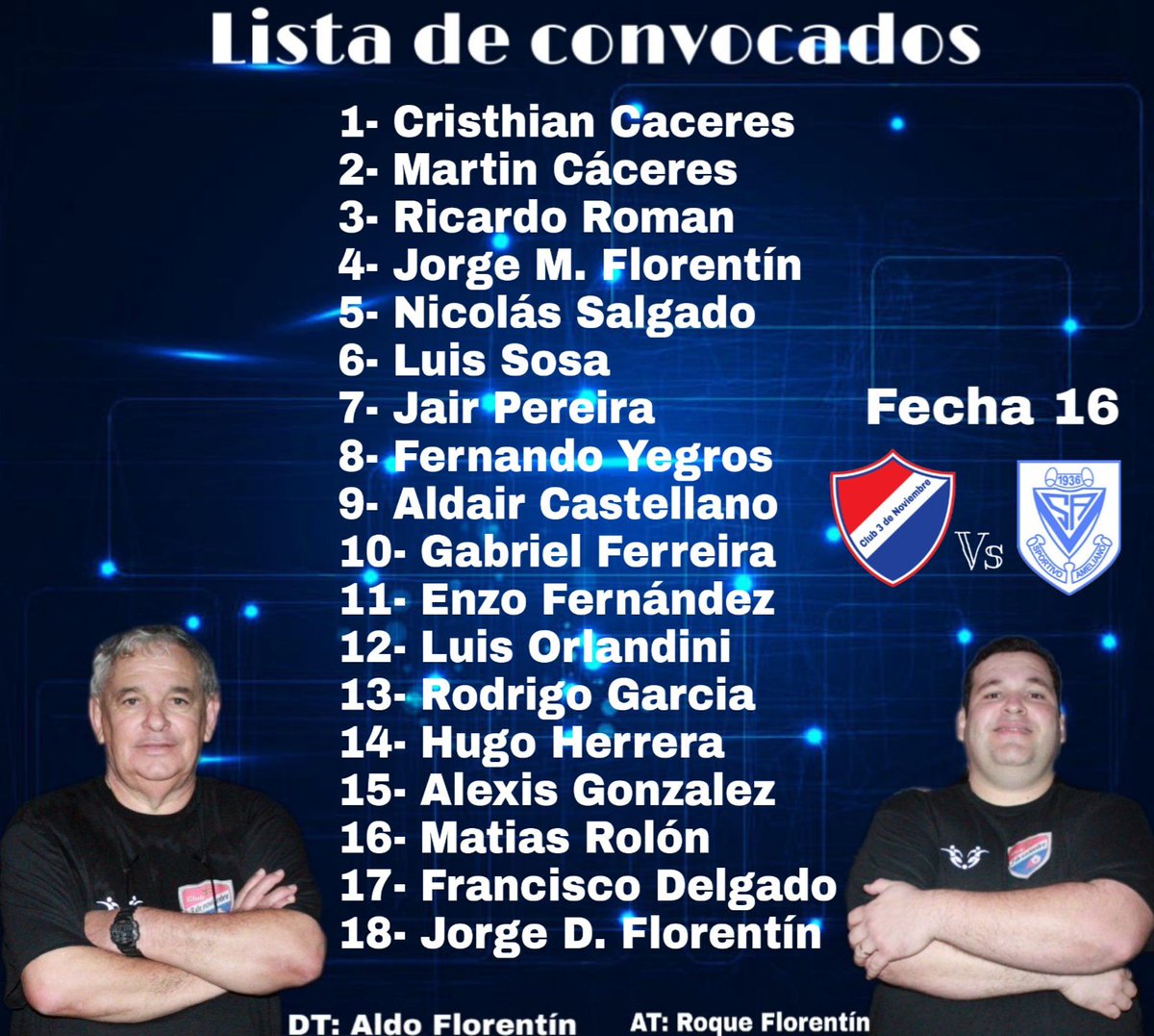 El Prof. Aldo Florentín dio a conocer la lista de convocados para el encuentro ante Ameliano por la décima sexta fecha del campeonato Primera B.
#VamosTrico 🔴⚪🔵