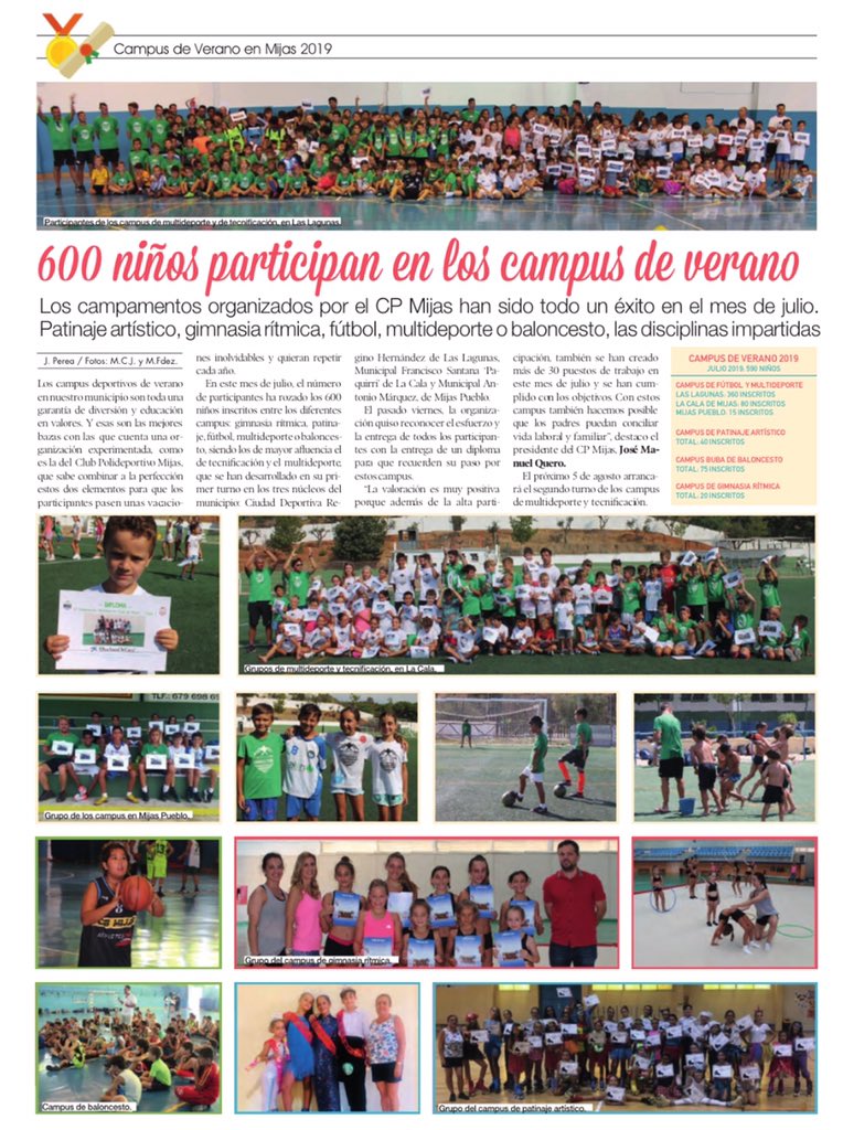 Desde el Club Polideportivo Mijas hemos atendido a 600 niños en los diferentes Campus durante el mes de Julio en los 3 Núcleos de Mijas, creando más de 30 puestos de trabajo. Muchas gracias a todos los padres que siempre confían en el trabajo de los entrenadores del CP MIJAS👏🏻👏🏻