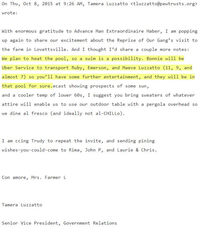 Pedosta EmailThis email is from Tamera Luzzatto CC: to John Pedosta (and others).The email is about a pool party that will have 3 children for entertainment. The names and ages of the children are in the email.Read the email, then we will take a little look into T.L. ☟