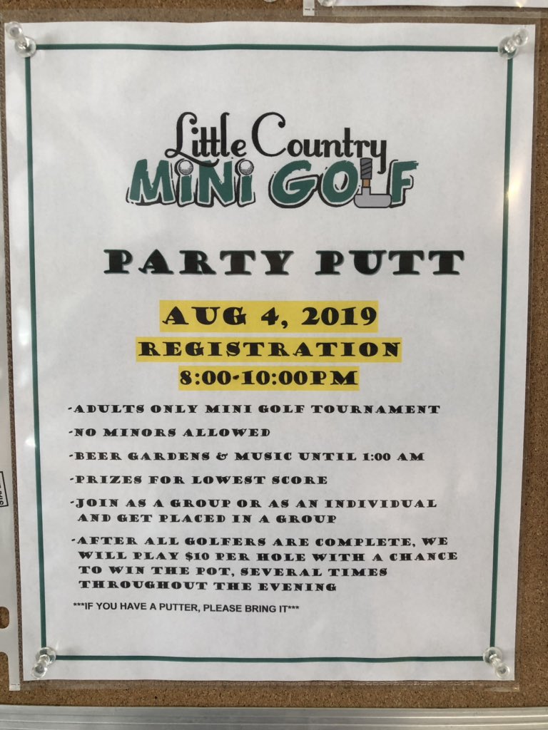 victoiregrill's tweet photo. Big day at the grill. Chef Gordo Special and Party Putt! Adults only mini golf tournament #pulledpork #littlecountryminigolf https://t.co/bPG6CkAAn5