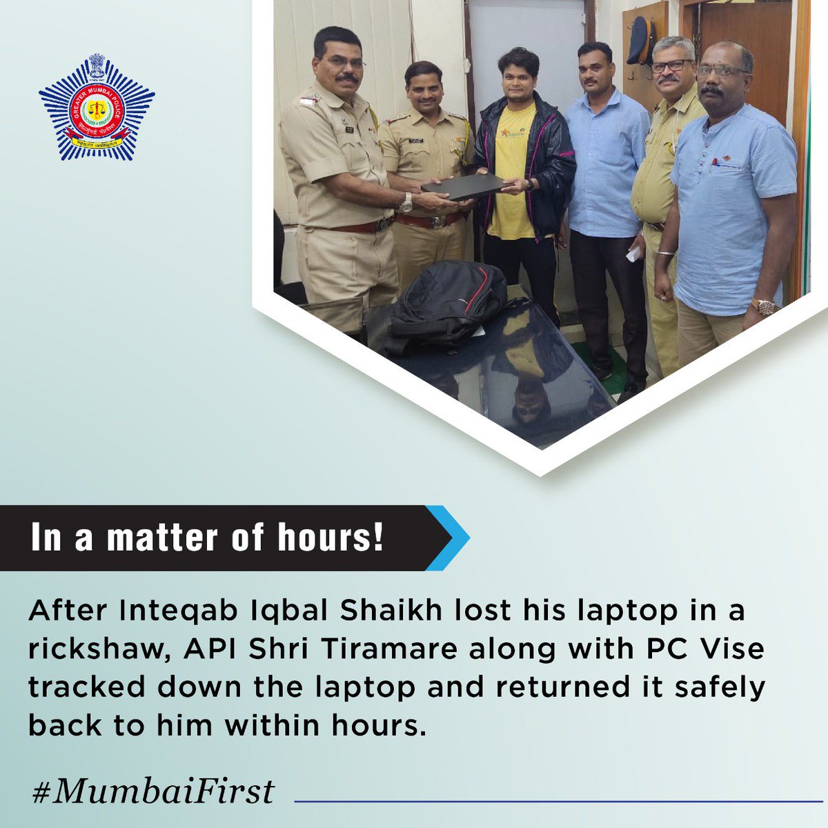 Inteqab Iqbal Shaikh, 32, was travelling today from Fauziya Hospital to Kapadia Nagar in an auto rickshaw, where he forgot his Lenovo laptop. API Shri Tiramare along with PC Vise tracked down the laptop within hours to return it safely back to its original owner. #MumbaiFirst