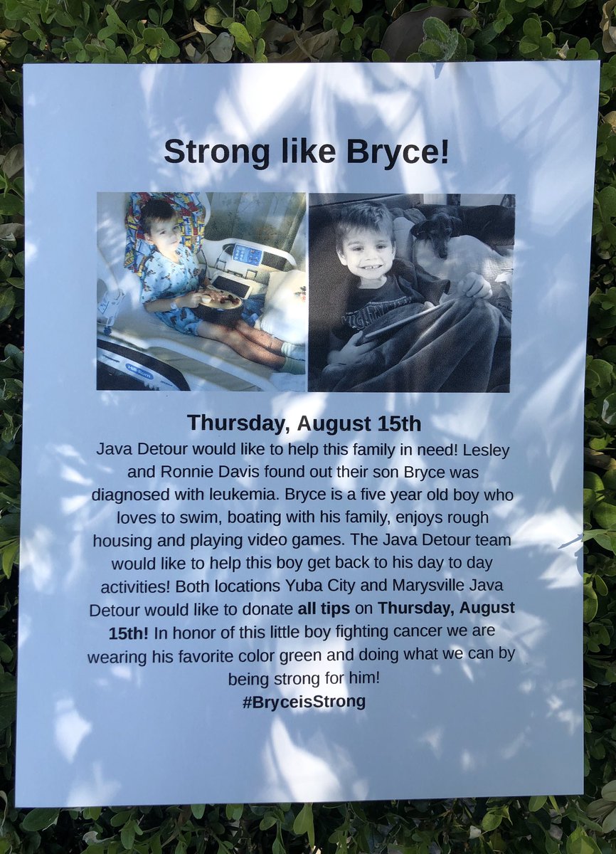 skkyy_cameron's tweet photo. Yuba city &amp; Marysville locations are donating ALL TIPS made on August 15th for Bryce &amp; his family. Bryce was recently diagnosed with leukemia &amp; is fighting! We as a team are fighting with him &amp; doing what we can to help! #BryceisStrong https://t.co/F4SPPeWeDJ