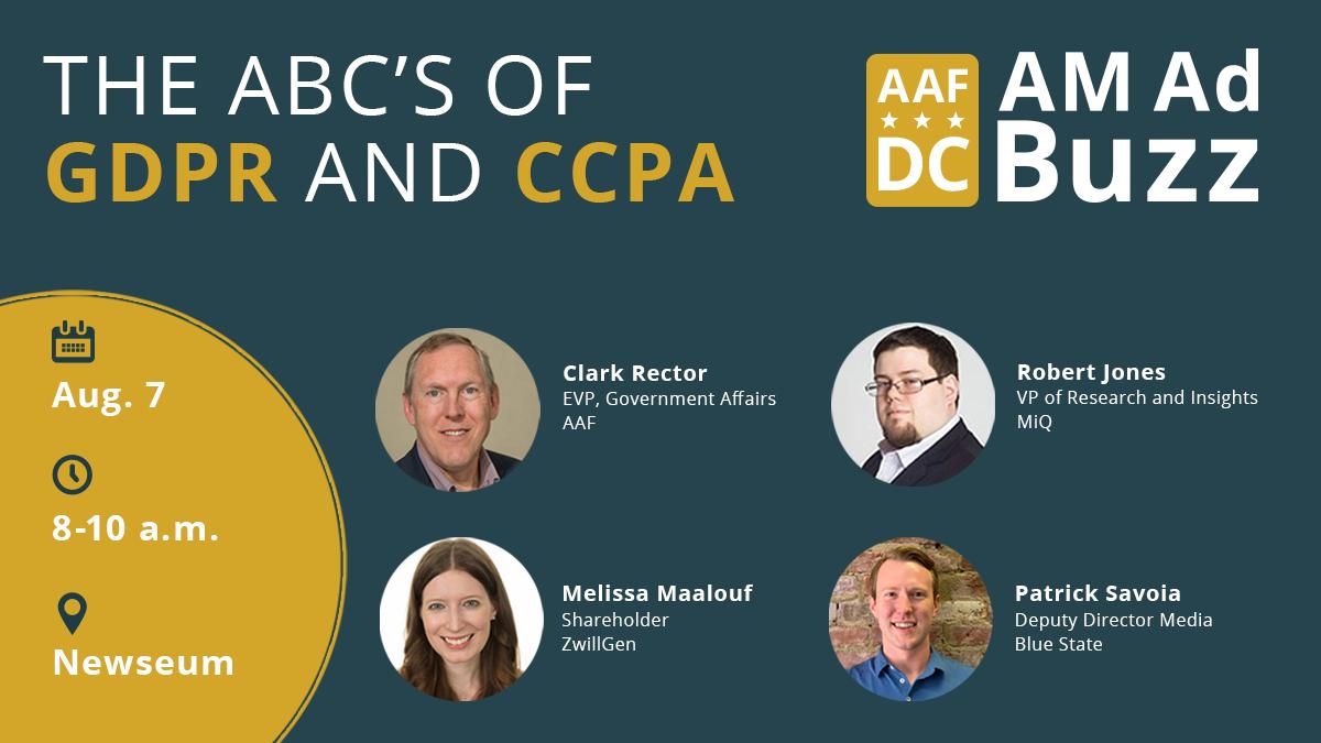 Join us at the <a href="/Newseum/">Newseum</a> this Wednesday for an #AMAdBuzz panel discussion about GDPR and CCPA, moderated by Clark Rector (<a href="/AAFNational/">AAFNational</a>) and featuring Robert Jones (<a href="/wearemiq/">MiQ Digital</a>), Melissa Maalouf (<a href="/ZwillGen/">ZwillGen</a>) and Patrick Savoia (<a href="/bluestate/">Blue State</a>) as panelists: buff.ly/2GNRJeN