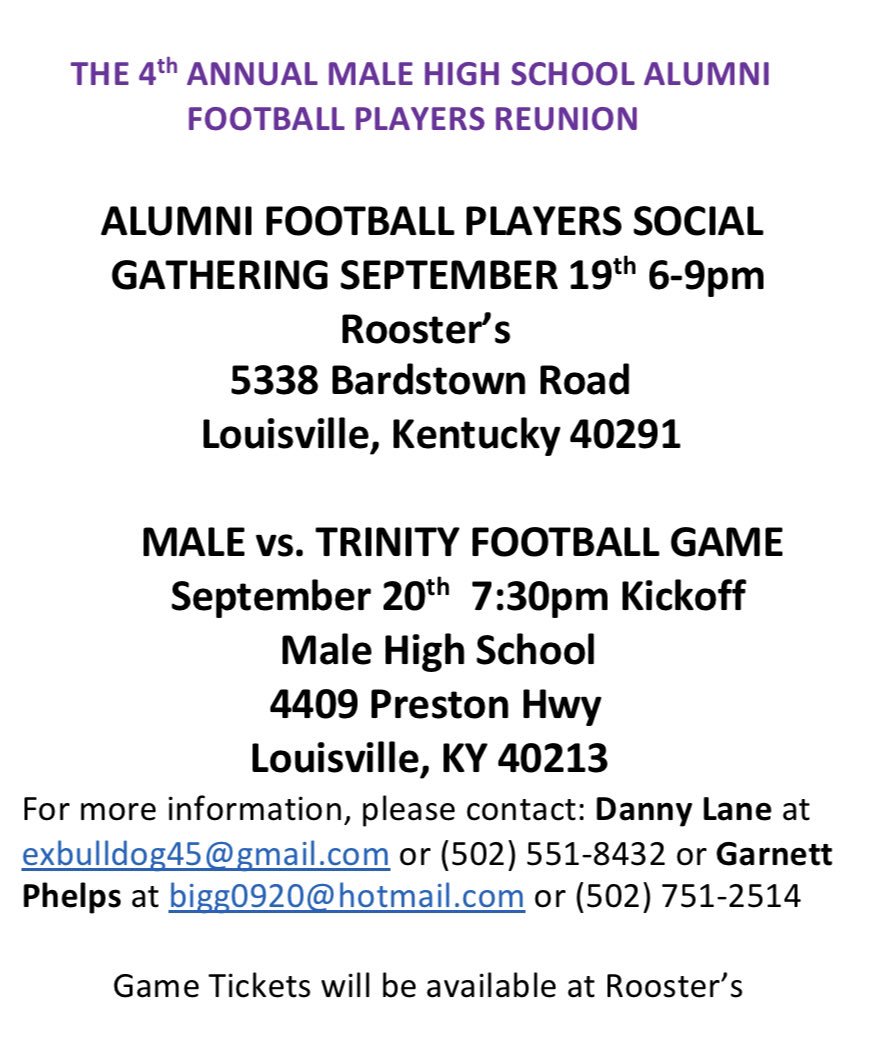LMHSAlumni1856's tweet photo. Louisville Male High School Alumni Football Players
here is the Alumni Football Reunion Information.   Be sure to mark your calendars!!!  Please RSVP to lmhsalumnifootballplayers@gmail.com https://t.co/gCsJy9mywf