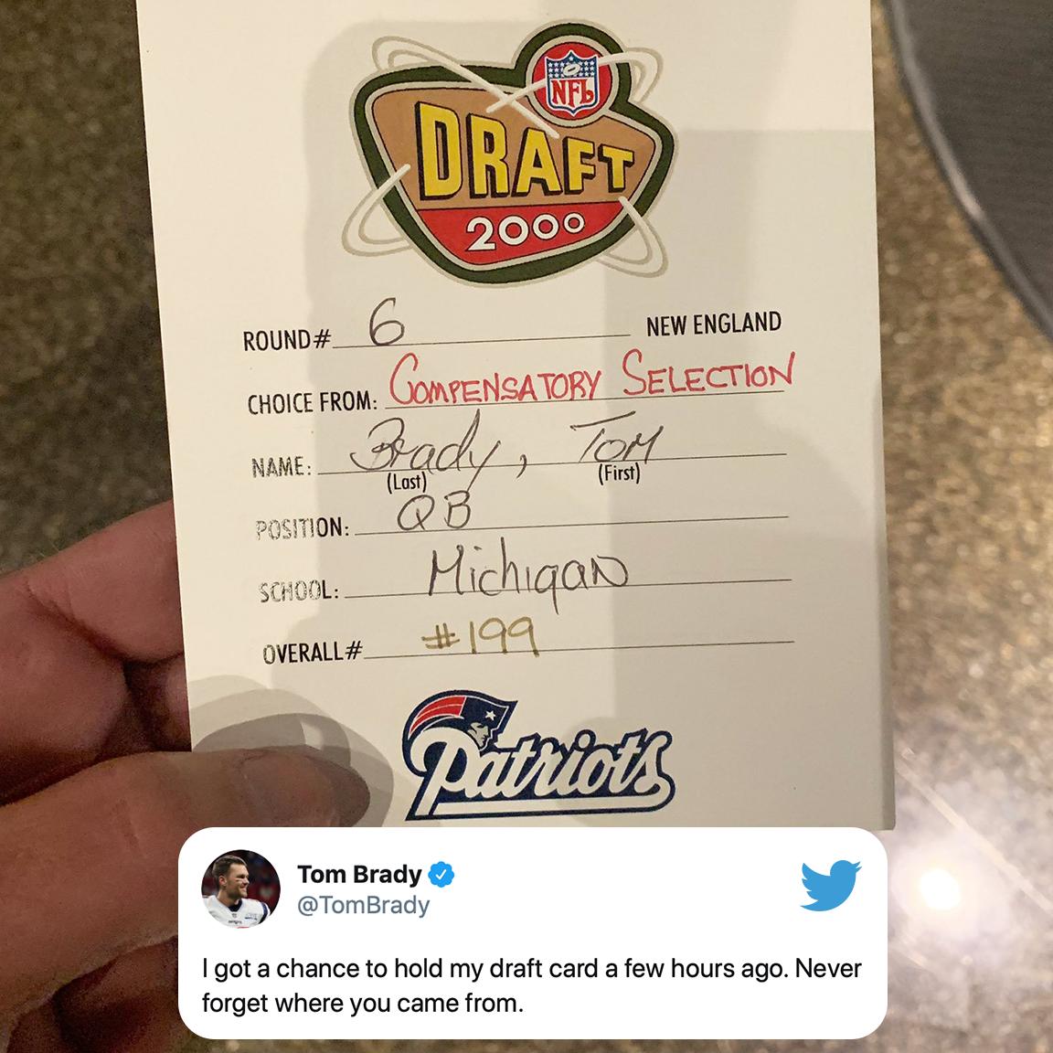 SportsCenter's tweet photo. From the 6th round to 6 rings 💍

Brady doesn't forget where it all started 🙏 (via @TomBrady) https://t.co/3h7bsHbnuG