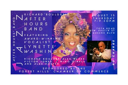 rbjazztp's tweet photo. Richard Boulger's After Hours Band featuring Lynette Washington is playing August 15, 7-9:30pm in downtown Forest Hills (70th Road btw Austin St &amp; Queens Blvd). This free concert has outdoor seating and is sponsored by the Forest Hills Chamber of Commerce. See YOU there!! https://t.co/a22jR8UObm