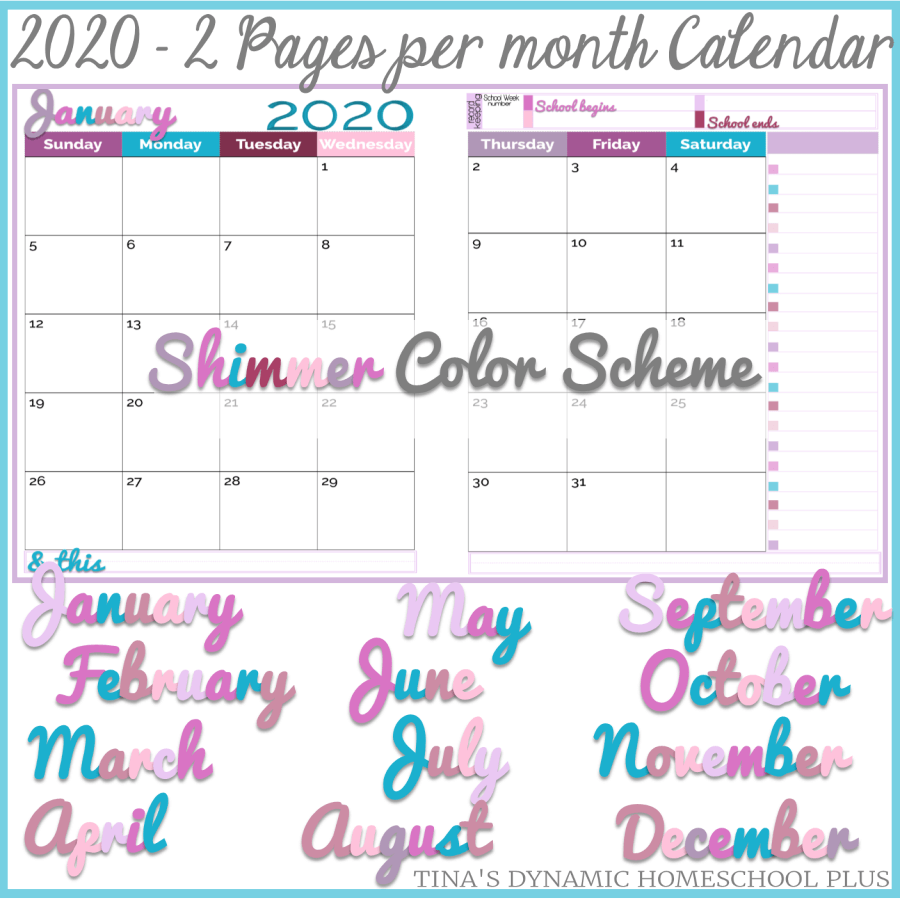2020 Physical Year Calendar – 2 Pages Per Month (Shimmer Color Scheme) buff.ly/2F5v2B7 #ihsnet #homeschool #homeschooling