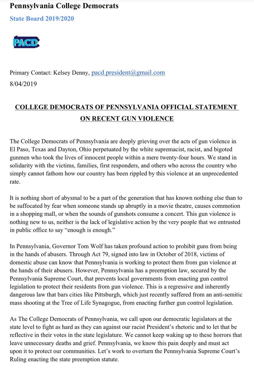 pacollegedems's tweet photo. Here is our Official Statement on the recent gun violence within a mere 24 hours in El Paso, Texas and Dayton, Ohio. We stand in unconditional solidarity with the victims, families, responders, and the grieving nation. Pennsylvania knows this pain deeply and it is time to act. https://t.co/x8qkV8y7Na