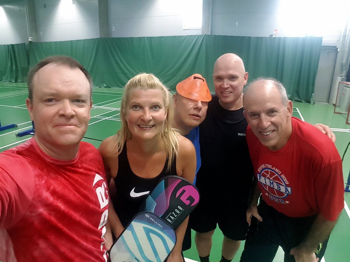 FINpickleball's tweet photo. What a pleasure of having Tim DiPiero from USA (right) as our special #pickleball guest. He came to #Finland to play in the World Maxibasketball Championships and won gold in team USA! #pickleballfinland #espoofimba2019 @espoofimba2019 https://t.co/C3da0M04ih