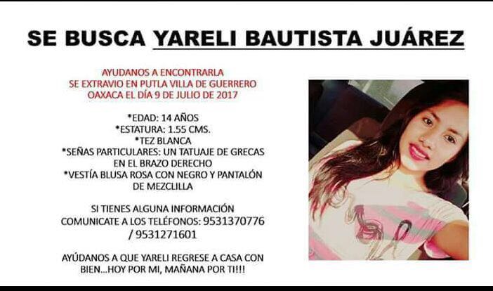 #TeBuscamos Yareli Bautista Juárez, 14 años, 9/7/17 #SanJuanLagunas, #Putla #Oaxaca #911, tatuaje grecas en brazo derecho.