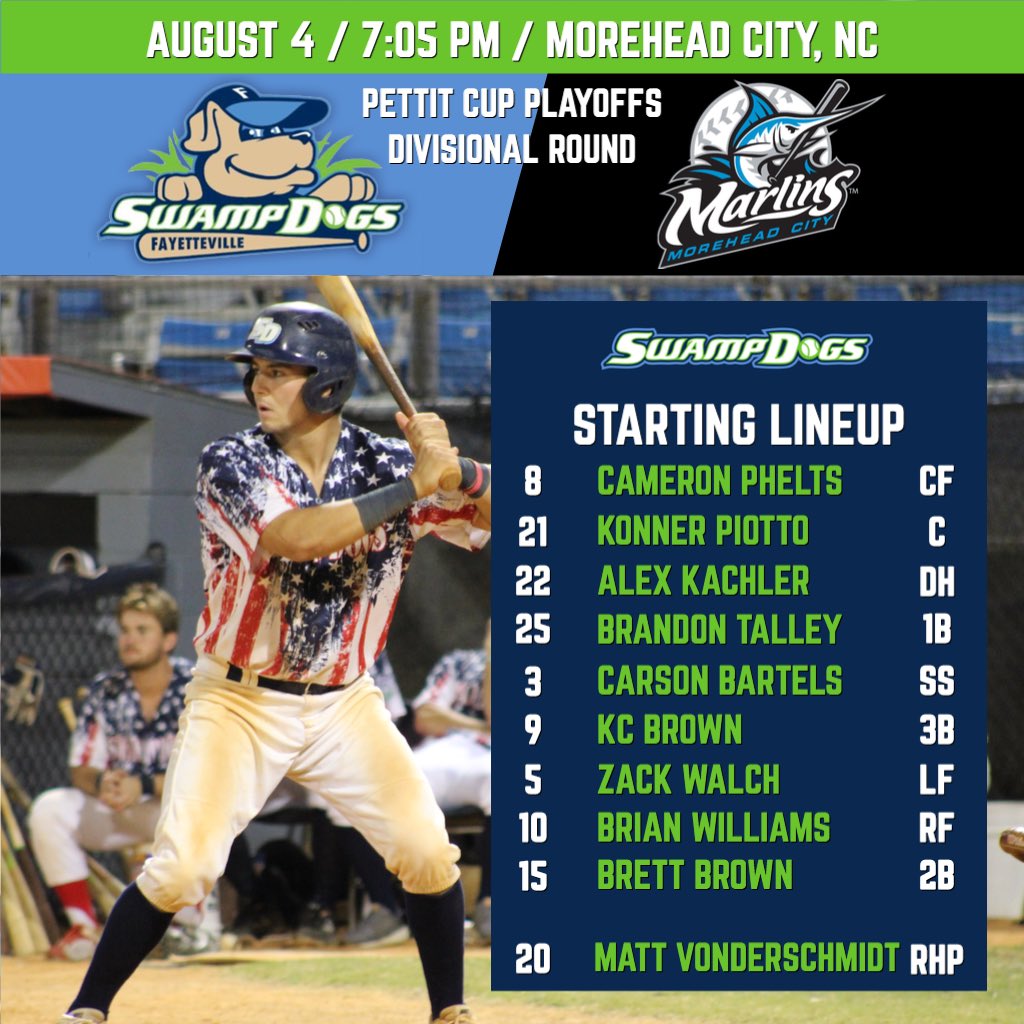 Fayetteville SwampDogs (@goswampdogs) on Twitter photo Playoffs.
Morehead City.
‘Nuff said.
LET’S. GO. DOGS.
🆚: <a href="/mhcmarlins/">Morehead City Marlins</a>
📍: Big Rock Stadium
⏰: 7:05 PM
WATCH: portal.stretchlive.com/cplmarlins Playoffs.
Morehead City.
‘Nuff said.
LET’S. GO. DOGS.
🆚: <a href="/mhcmarlins/">Morehead City Marlins</a>
📍: Big Rock Stadium
⏰: 7:05 PM
WATCH: portal.stretchlive.com/cplmarlins