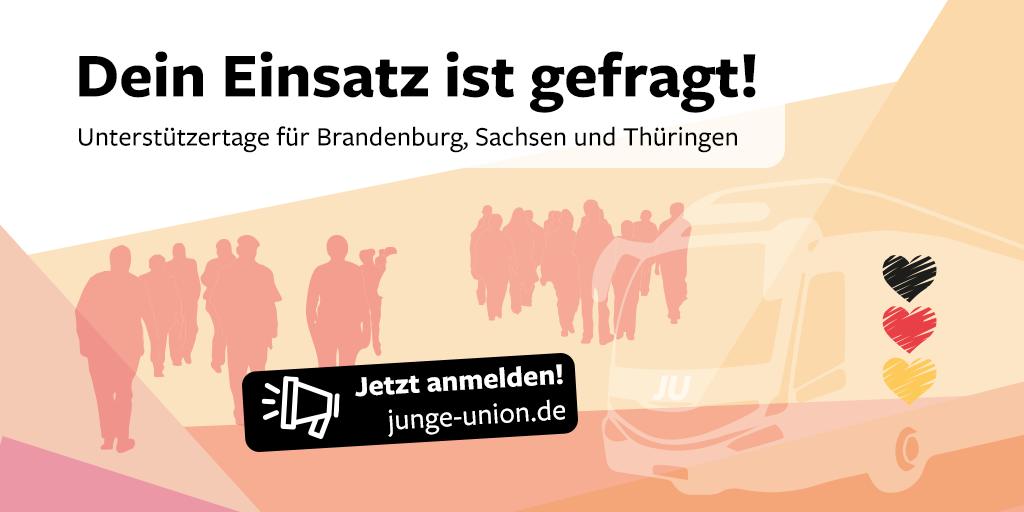 Junge_Union's tweet photo. Wir kämpfen gemeinsam für starke @cdu-Ergebnisse in Sachsen, Brandenburg &amp; Thüringen! JU'ler aus ganz 🇩🇪: Jetzt auf https://t.co/YcRf6y54fE anmelden &amp; vor Ort dabei sein! #mitmachJU 🚀 https://t.co/8mNg8sC6Iy