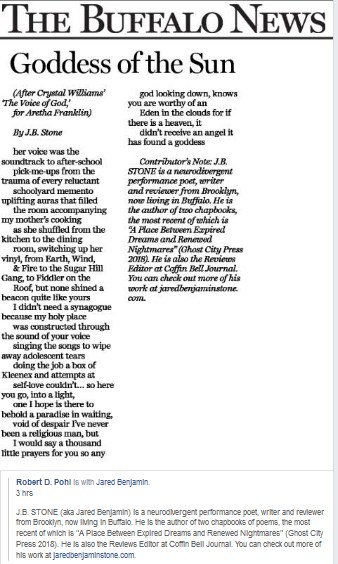 JB_StoneTruth's tweet photo. Hey a reprint of my poem is out in @TheBuffaloNews and a special thanks as well to @1JULIEANDERSON and rest of the awesome peeps over at @femininecollect  for having my poem up originally on their space and giving it so much love and support! #amixtapeatlas #aretha #jbstone https://t.co/rSWCWdhxlv
