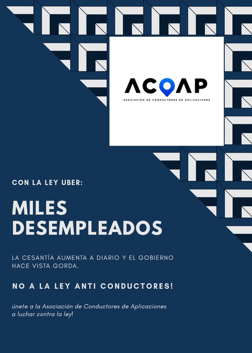 AcoapChile's tweet photo. Solamente hacer incapie al desempleo que genera esta ley.
Favor estimados compañeros exijamos que se nos tome en cuenta y que las app nos valoren https://t.co/2jxtWFr5yQ