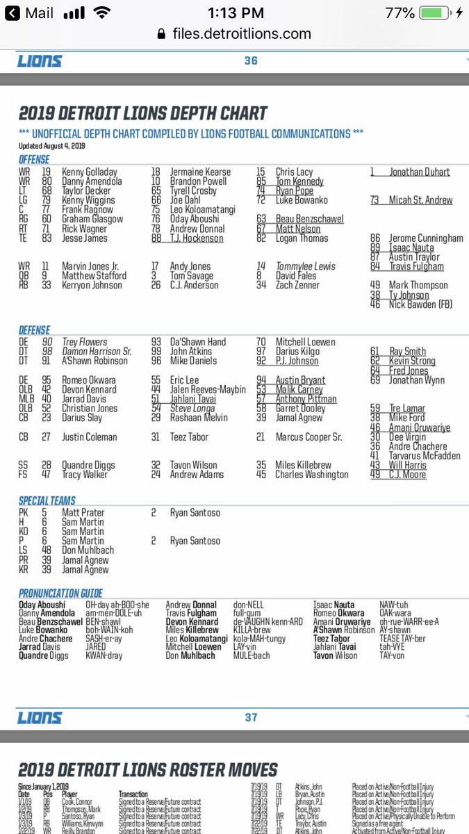 Det Lions Depth Chart