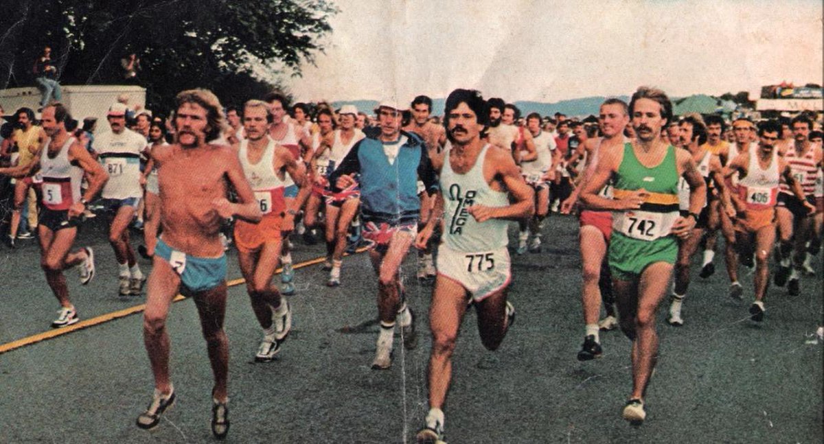 Al Howie on the left - #7 - early marathon - barely there blue shorts, barely there shoes: Ron Hill 2.07's called "ballet slippers" by runners in the day.

#marathon #ultrarunner #alhowie #pioneer #insearchofalhowie #rmbooks #oldschool #ronhill