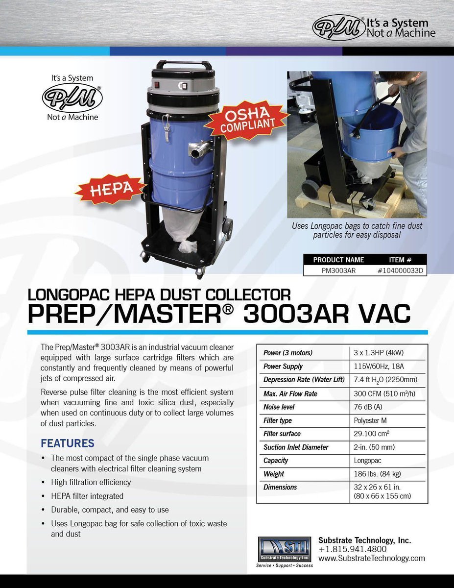 The continuous-cleaning HEPA filter system on our P/M 3003AR dust collector doesn’t make you stop working just to purge it!