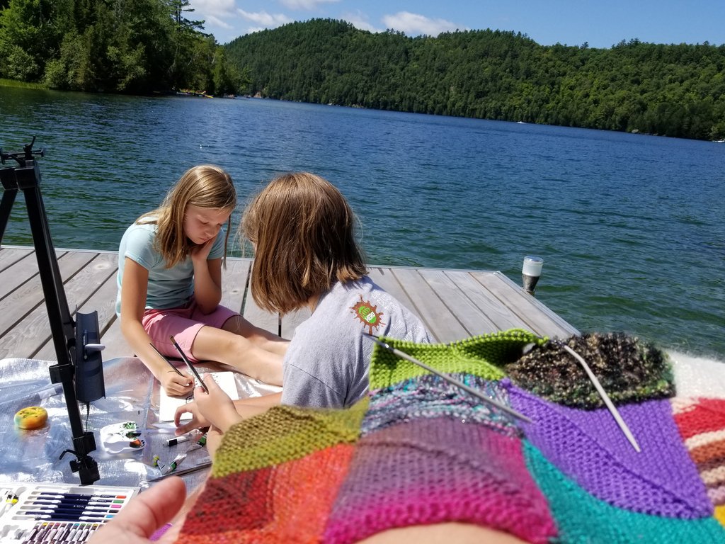 itsnuyanne's tweet photo. Quiet morning of collab canvas painting and #scrappysunday #miteredsquare #knitting at the cottage. 🥰 https://t.co/V0hhPiPEWn