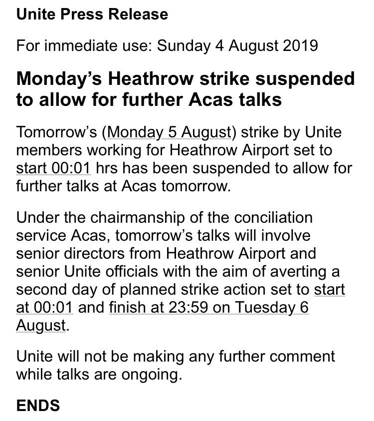 unitetheunion's tweet photo. HEATHROW LATEST: Tomorrow’s (Monday 5 Aug) strike SUSPENDED to allow for further talks at Acas. Unite Statement 👇 https://t.co/K3N25JLKBw