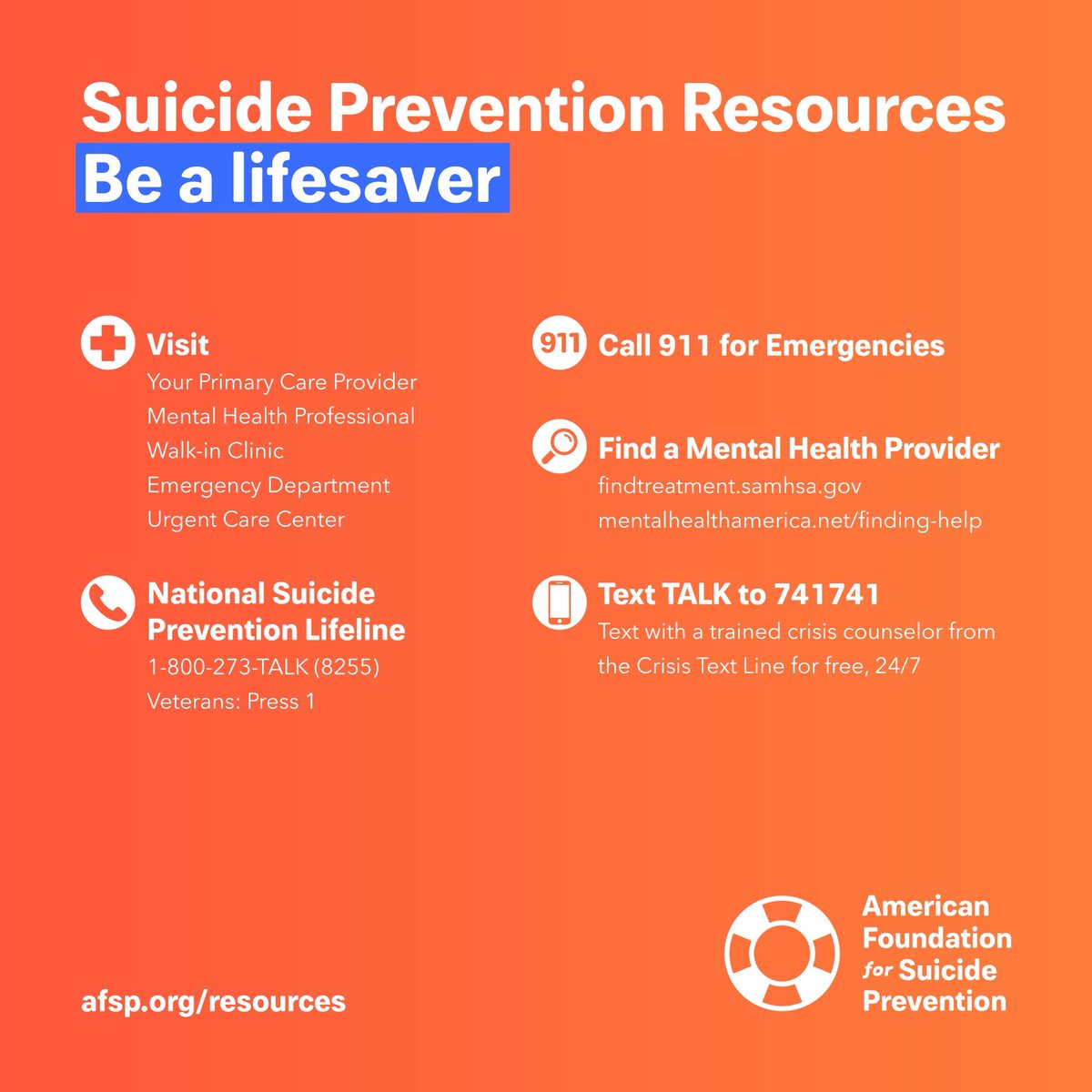 afspnational's tweet photo. If you’re struggling today, there is help available. Please call @800273TALK or text TALK to 741741 at the @CrisisTextLine. They have your back, always. https://t.co/Rm3yHcB0rW