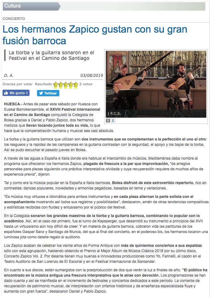 zapicopablo's tweet photo. CRÓNICA «Los hermanos Zapico gustan con su gran fusión barroca»
“El público ha encontrado en la música antigua una frescura interpretativa que le atrae con devoción.”
https://t.co/289Ev39bfo
— @altoaragon (3/8)
@DPHuesca #músicaantigua #earlymusic #FICS #FICS2019 @festivalcamino https://t.co/FNZSNLHgWL