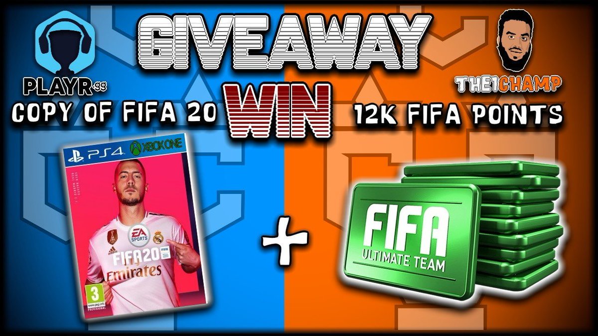 START FIFA 20 WITH A BANG! 

1x  FIFA 20 STANDARD EDITION 
1x 12 000 FIFA POINTS 
GIVEAWAY! LIKE - RETWEET - FOLLOW! Partnered up with Playr.gg link coming up so you can have many more entries! #FIFA20 #FIFAPOINTS #GIVEAWAY