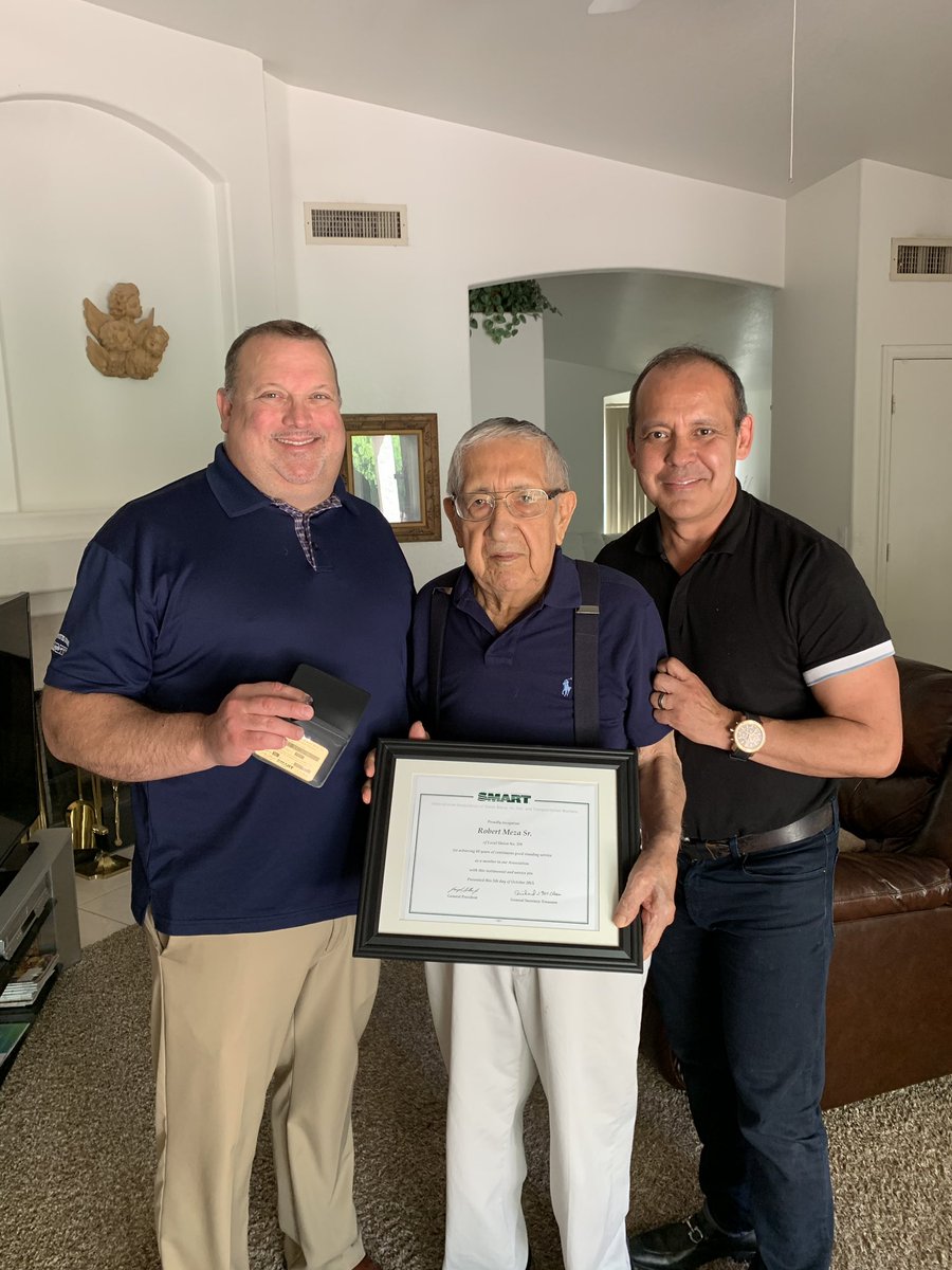 medarizona's tweet photo. Mr. Robert Meza, Sr. was pinned with a 60-year award for his continuous service to the @smartunionworks #Arizona #Local359. Pictured is Local 359 Business Manager Jeff Holly & Arizona State Legislator @AZRobertMeza. Congratulations sir. https://t.co/r9srpRg3uQ