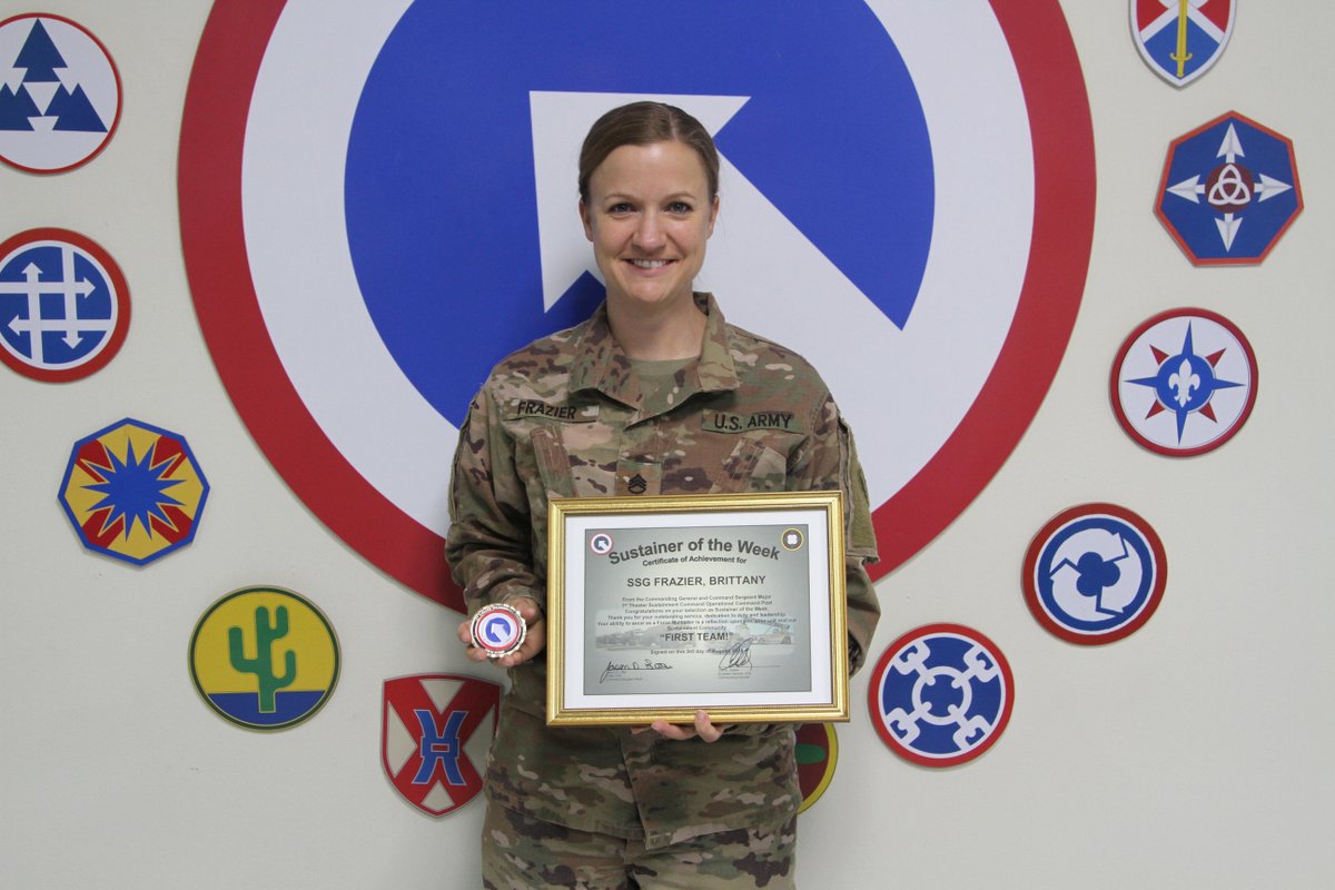 184thESC's tweet photo. Staff Sgt. Brittany Frazier, 184th Sustainment Command, receives the Sustainer of the Week at Camp Arifjan, Kuwait, Aug. 3, 2019.  Frazier serves in the 1st TSC's Operational Command Post's multiclass section as the Task Force Sinai material manager. @1stTSC @usarmycentral https://t.co/7ANnt0n0wx