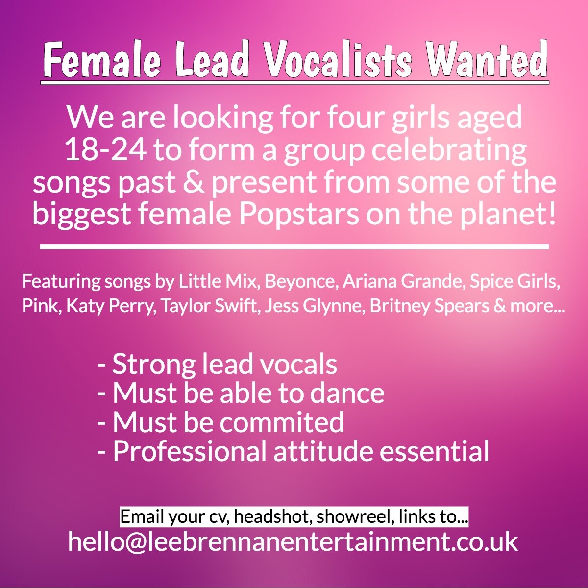 Please Retweet!

#vocalists #Performers #Singers #Girlband #Auditions #FemaleSingers