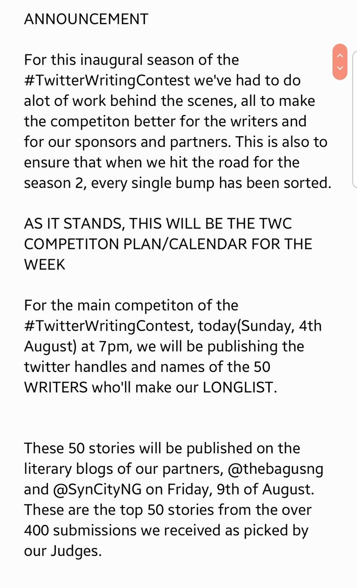 ItsUncleStephen's tweet image. They'll have their works published on the @SynCityNG literary blog on the 9tj of August. The day the competiton starts.

The top 24 Stories SHORTLISTED for the group stages will be unveiled from Monday through Wednesday. See details below

Uncle Stephen
For
The TWC TEAM