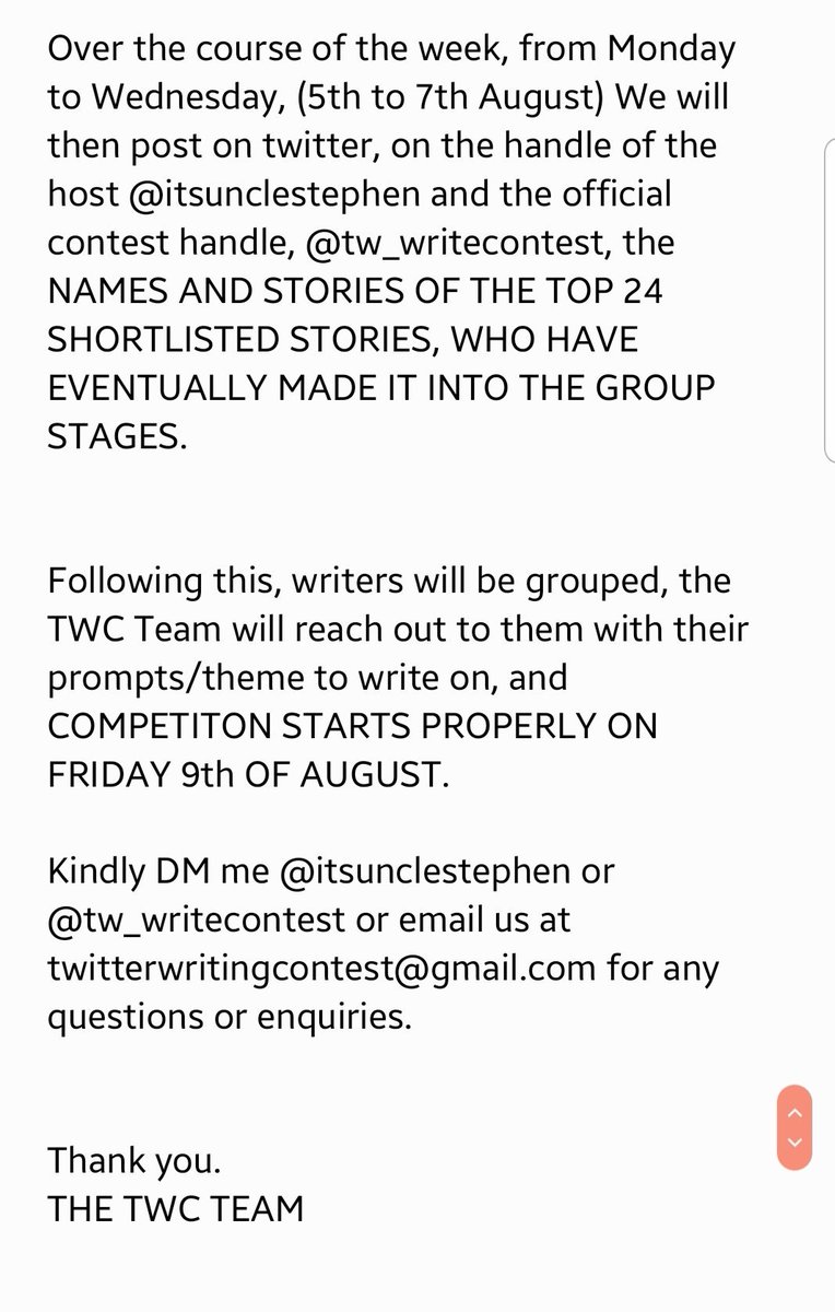 ItsUncleStephen's tweet image. They'll have their works published on the @SynCityNG literary blog on the 9tj of August. The day the competiton starts.

The top 24 Stories SHORTLISTED for the group stages will be unveiled from Monday through Wednesday. See details below

Uncle Stephen
For
The TWC TEAM